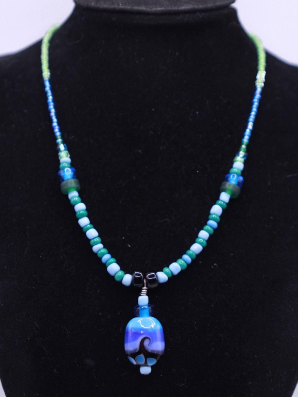 Handmade Blue & Green Glass Bead Necklace with Lampwork Pendant